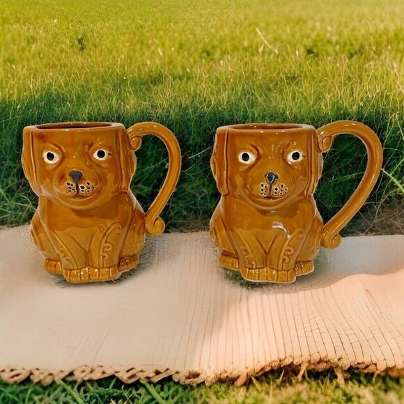 Boston Warehouse Dog Figural Coffee Mug Cup Stoneware 16 oz Brown Set of 2 NEW - Picture 1 of 11